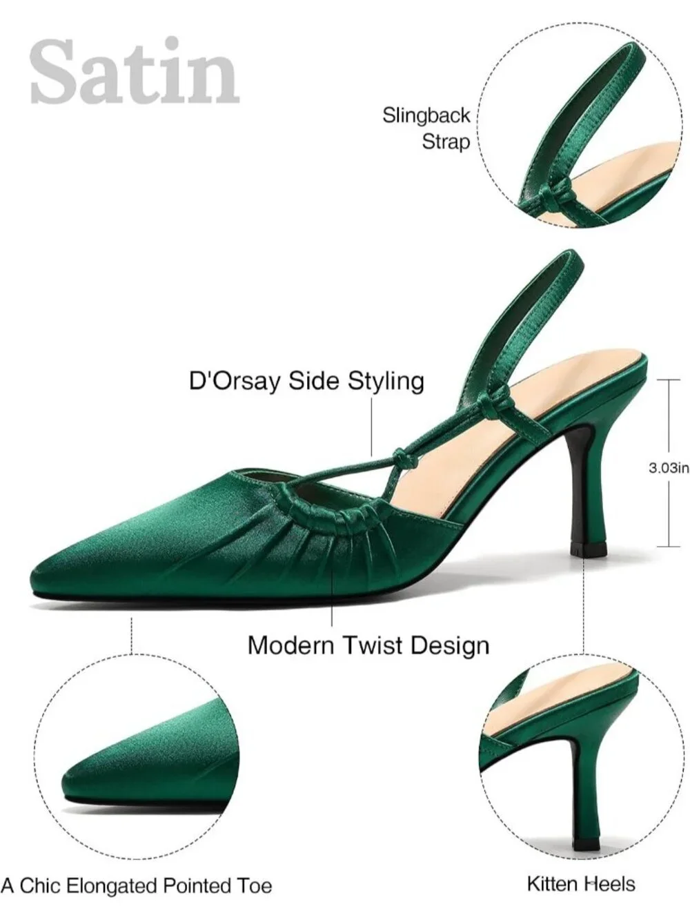 Women's Green Slingback Closed Pointed Toe Backless Kitten Pumps Wedding Heels